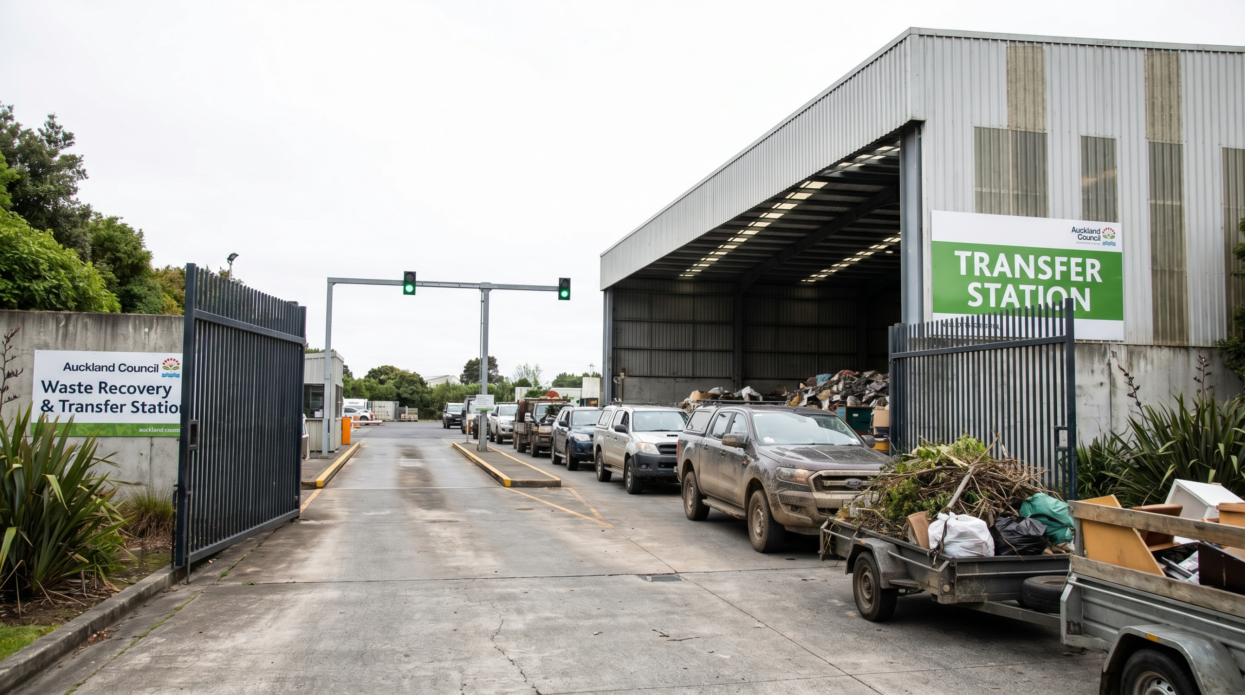 Entrance to an Auckland transfer station with utes and trailers queued at the weighbridge