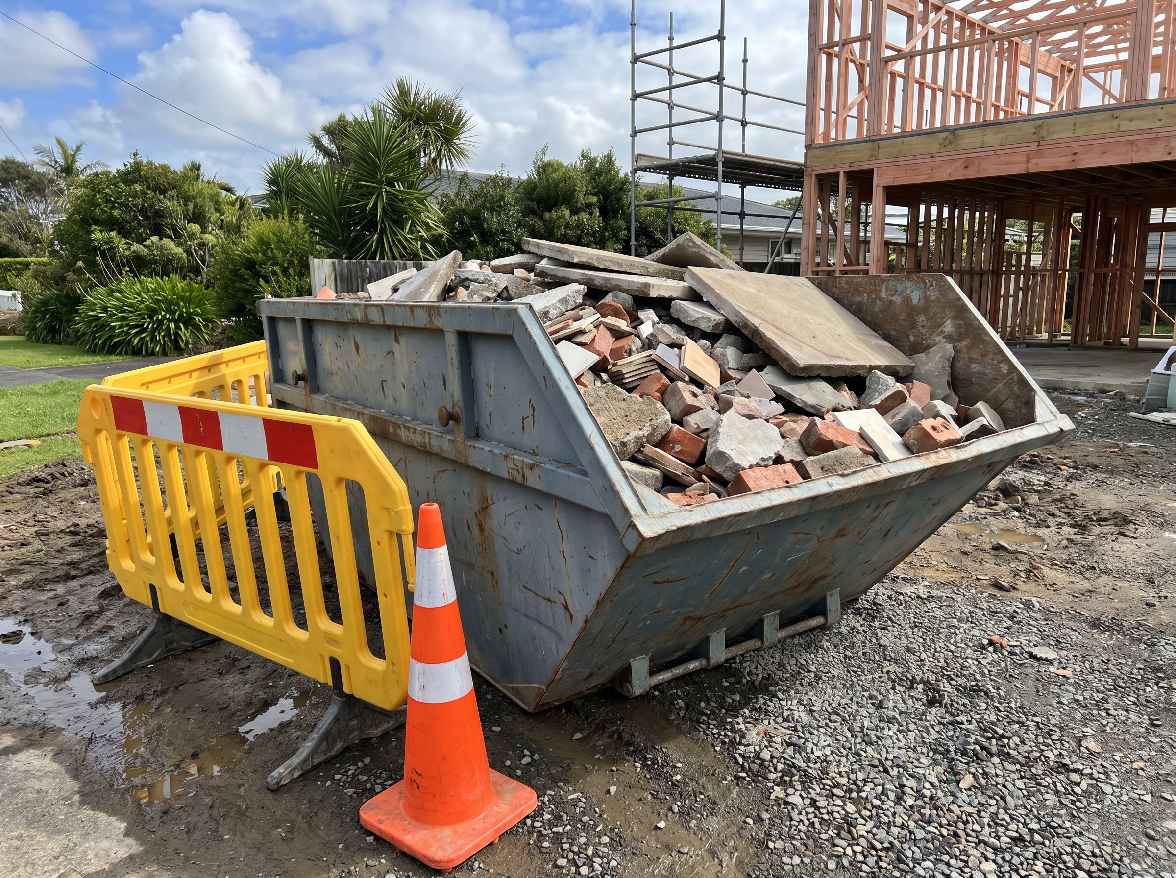 Hardfill skip bin filled with concrete rubble, bricks and broken tiles at an Auckland renovation site