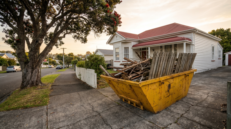 Yellow 4.5 cubic metre skip bin on an Auckland residential driveway with a Kiwi villa in the background