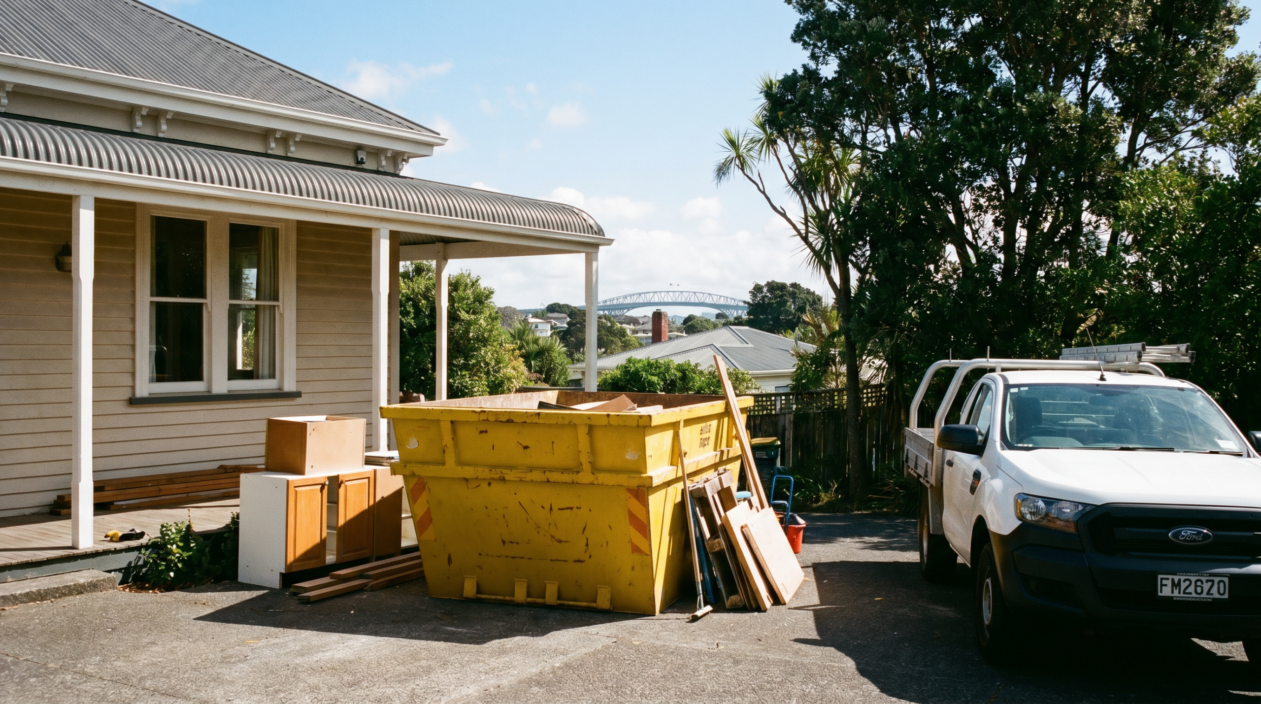 6 cubic metre yellow skip bin on the driveway of a North Shore Auckland villa with a tradie ute parked alongside