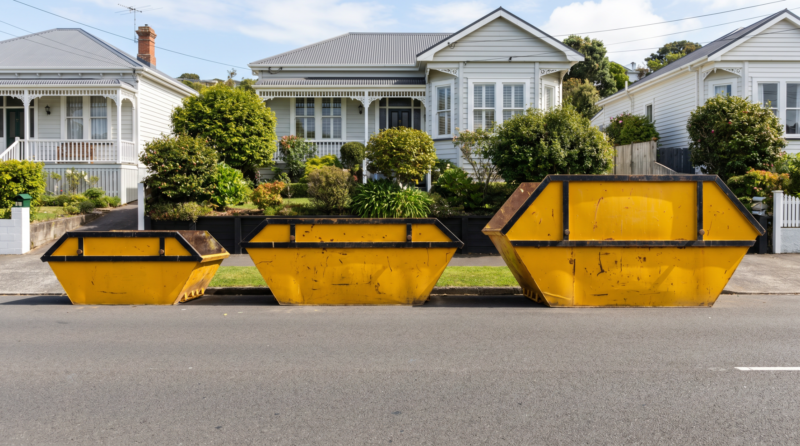 Three Auckland skip bin sizes lined up side by side — 2 cubic metre, 4.5 cubic metre and 9 cubic metre yellow skips
